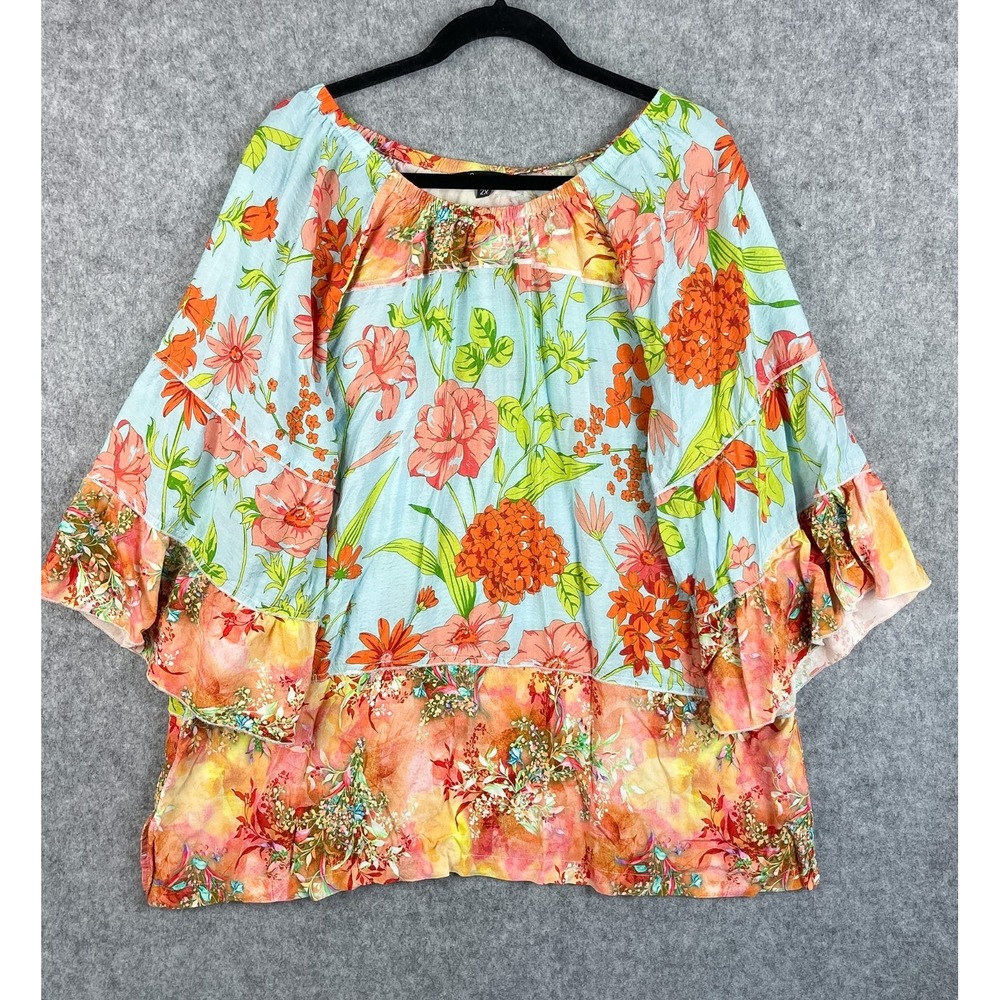 Calessa Tunic Top Womens 2X Floral Bell Sleeve Lightweight Boho Peasant Artsy